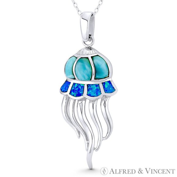 Jellyfish Sealife Boho Lab-Created Opal Chalcedony .925 Sterling Silver Pendant - Picture 1 of 1